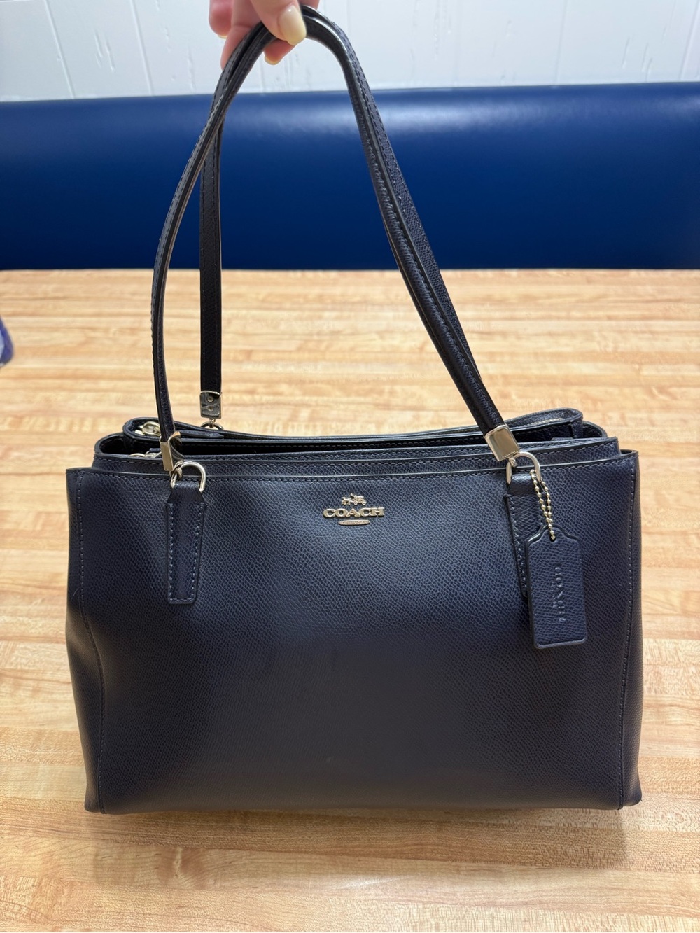 Coach Navy Leather Shoulder Tote with Gold Hardware